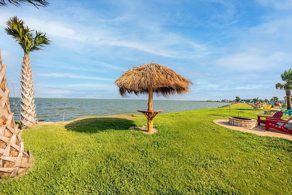 Grassy beach area and view of ocean